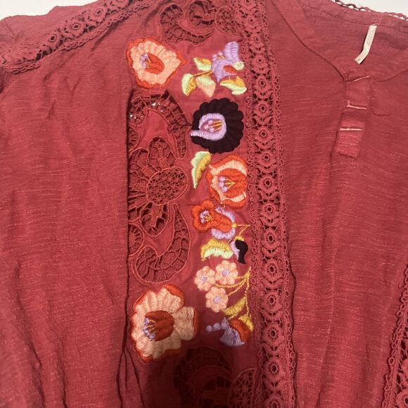 Free People Serafina Embroidered Floral Crochet Boho Top in Sangria Combo S - Picture 7 of 12